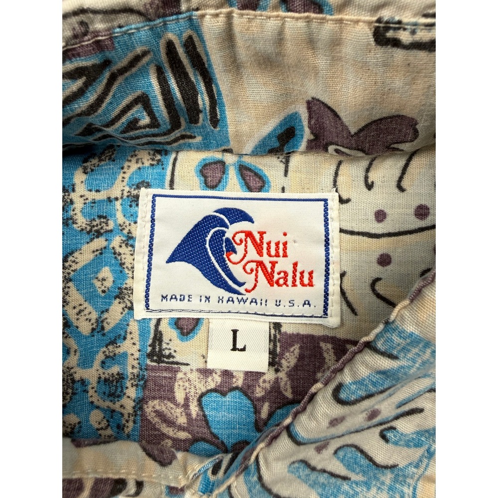 Nui Nalu Mens Blue Tribal Fish Block Print Hawaiian Popover Shirt Large Hawaii - Picture 3 of 10